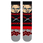Flatlay product shot of a pair of Chucky Mash Up socks, showing the full design.