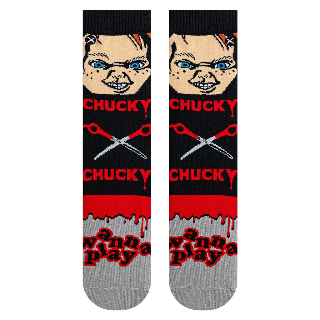 Flatlay product shot of a pair of Chucky Mash Up socks, showing the full design.