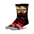 A pair of black crew socks with a Chucky image, red dripping paint, and the words "Wanna Play" in red. 