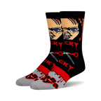 A pair of black crew socks with a Chucky image, red dripping paint, and the words "Wanna Play" in red. 