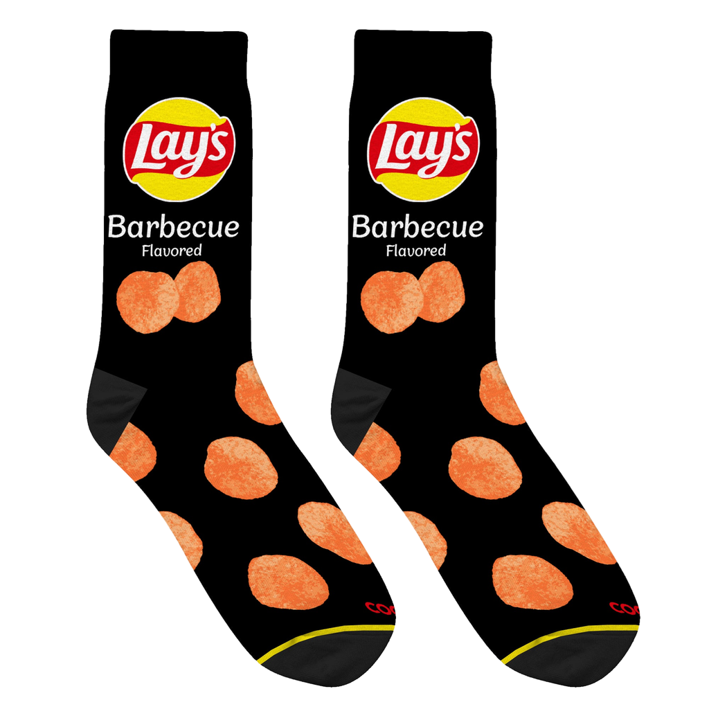 Close-up studio shot of a pair of black Lay's BBQ socks, highlighting the chip design and sock texture.