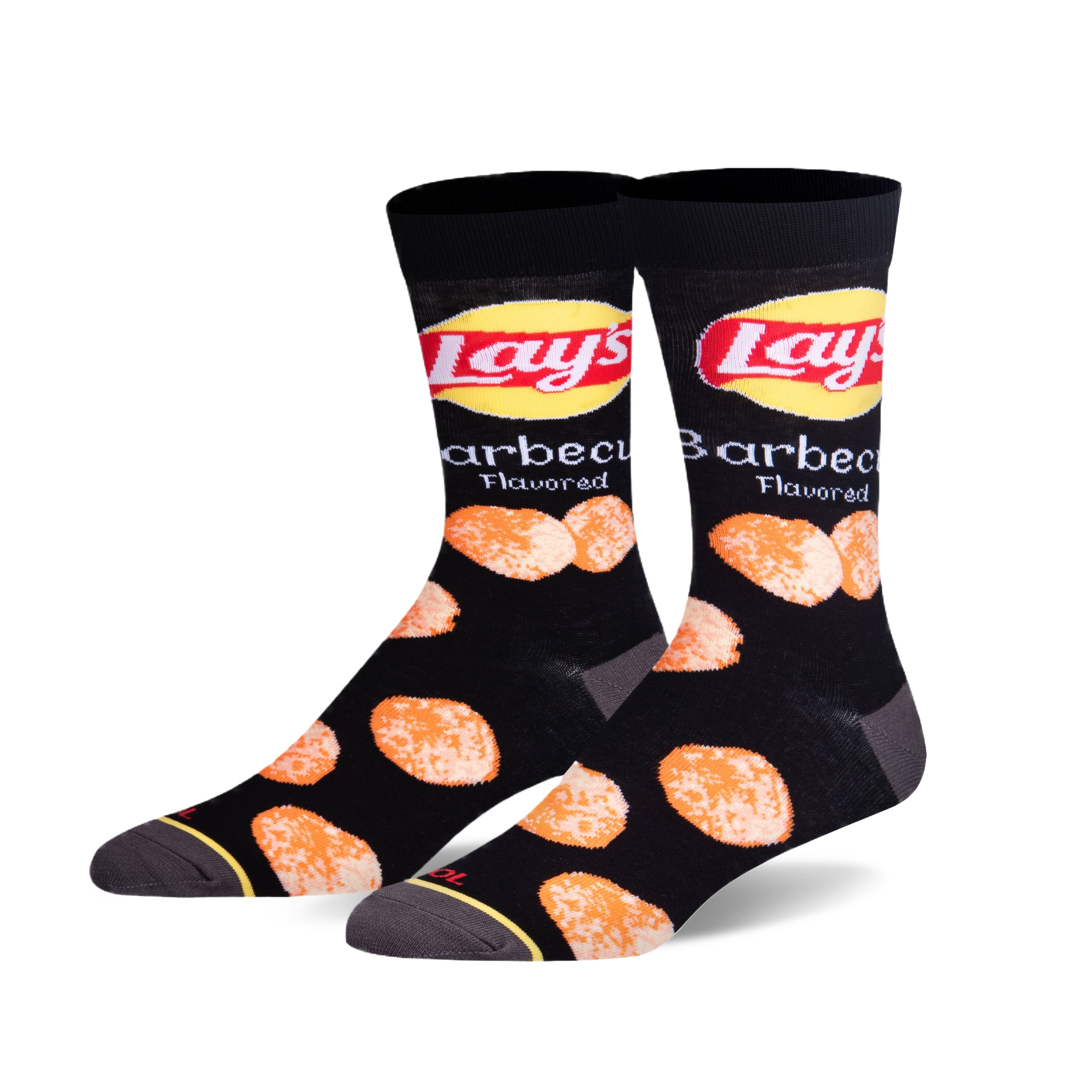 Pair of black crew socks with a fun design featuring the Lay's BBQ chips logo and scattered chip imagery.