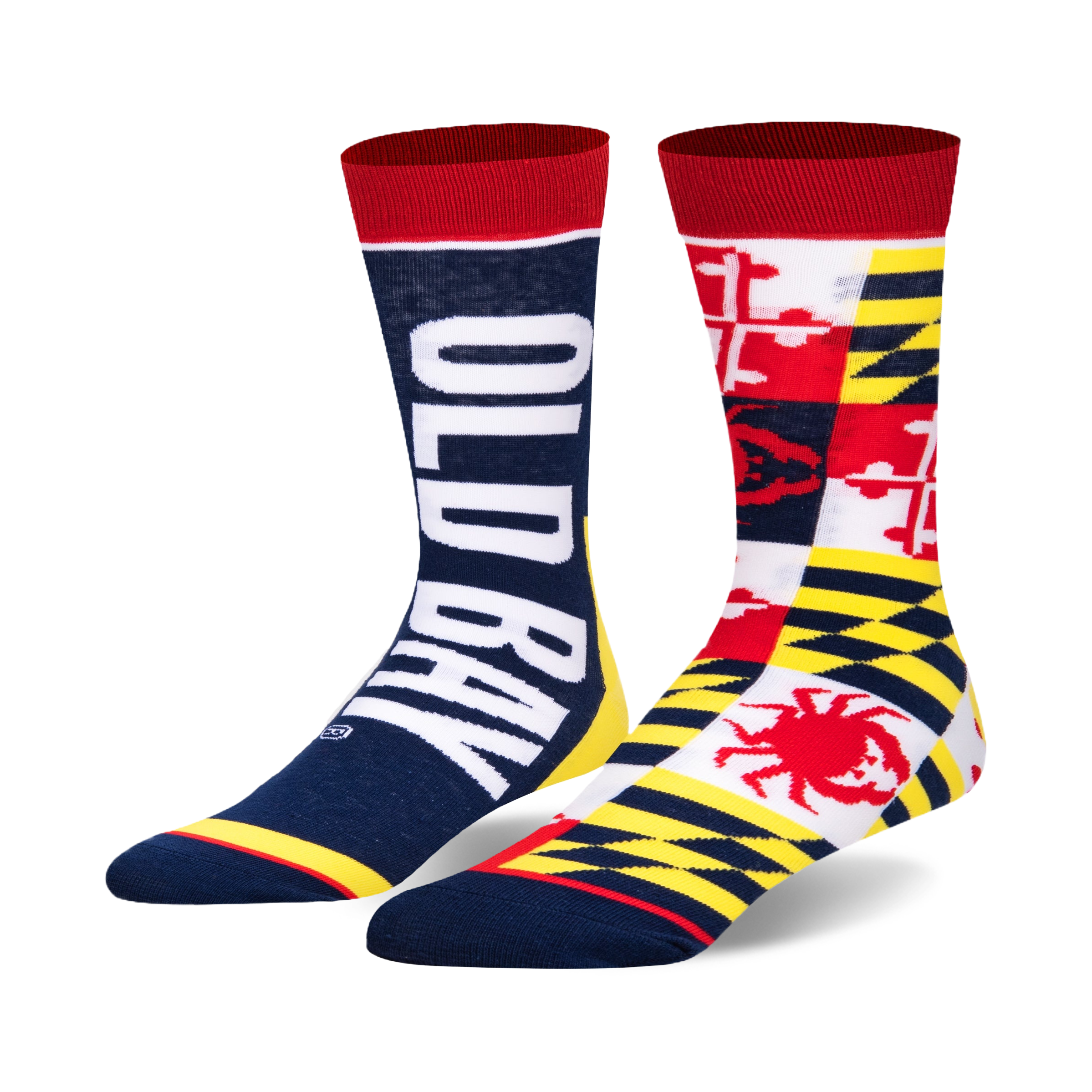 Pair of Old Bay Split crew socks. One sock displays the 'Old Bay' logo in white against a navy blue background. The other sock features a patchwork design of the Maryland state flag, incorporating red, white, yellow, and a crab.