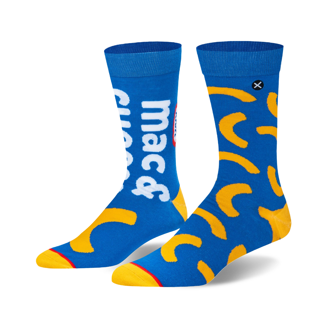 A pair of blue crew socks with a Kraft Mac & Cheese design. Yellow macaroni shapes and 'Mac & Cheese' text are featured.
