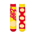 Flat lay of mismatched socks. The left yellow sock has a large red Eggo logo. The right red sock has a waffle pattern.