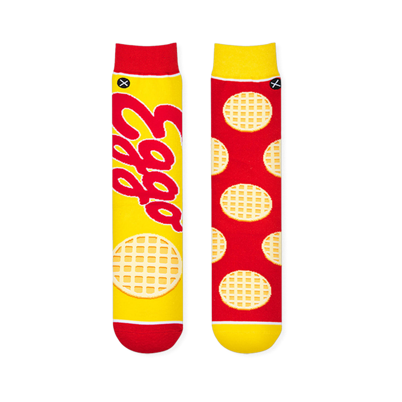Flat lay of mismatched socks. The left yellow sock has a large red Eggo logo. The right red sock has a waffle pattern.