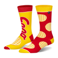 Mismatched crew socks. One is yellow with a red Eggo logo and red accents. The other is red with a yellow waffle pattern.