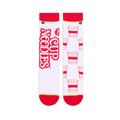 Flat lay of white socks side-by-side. Left sock shows large red Cup Noodles text, right sock shows repeating noodle cups.