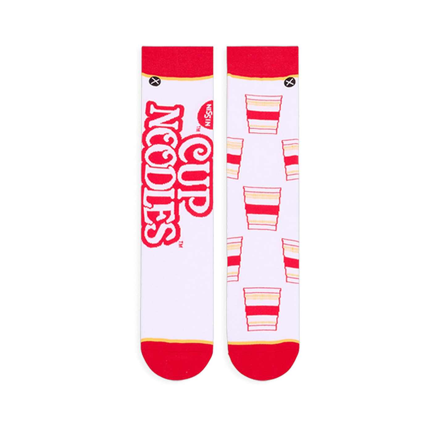 Flat lay of white socks side-by-side. Left sock shows large red Cup Noodles text, right sock shows repeating noodle cups.
