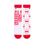 Flat lay of white socks side-by-side. Left sock shows large red Cup Noodles text, right sock shows repeating noodle cups.