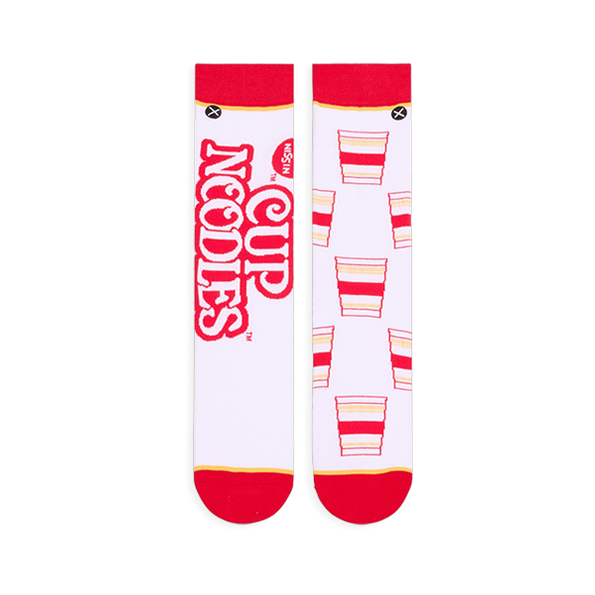 Flat lay of white socks side-by-side. Left sock shows large red Cup Noodles text, right sock shows repeating noodle cups.