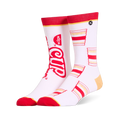 White crew socks featuring a mismatched design with a large red Cup Noodles logo on one and a pattern of cups on the other.