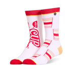 White crew socks featuring a mismatched design with a large red Cup Noodles logo on one and a pattern of cups on the other.