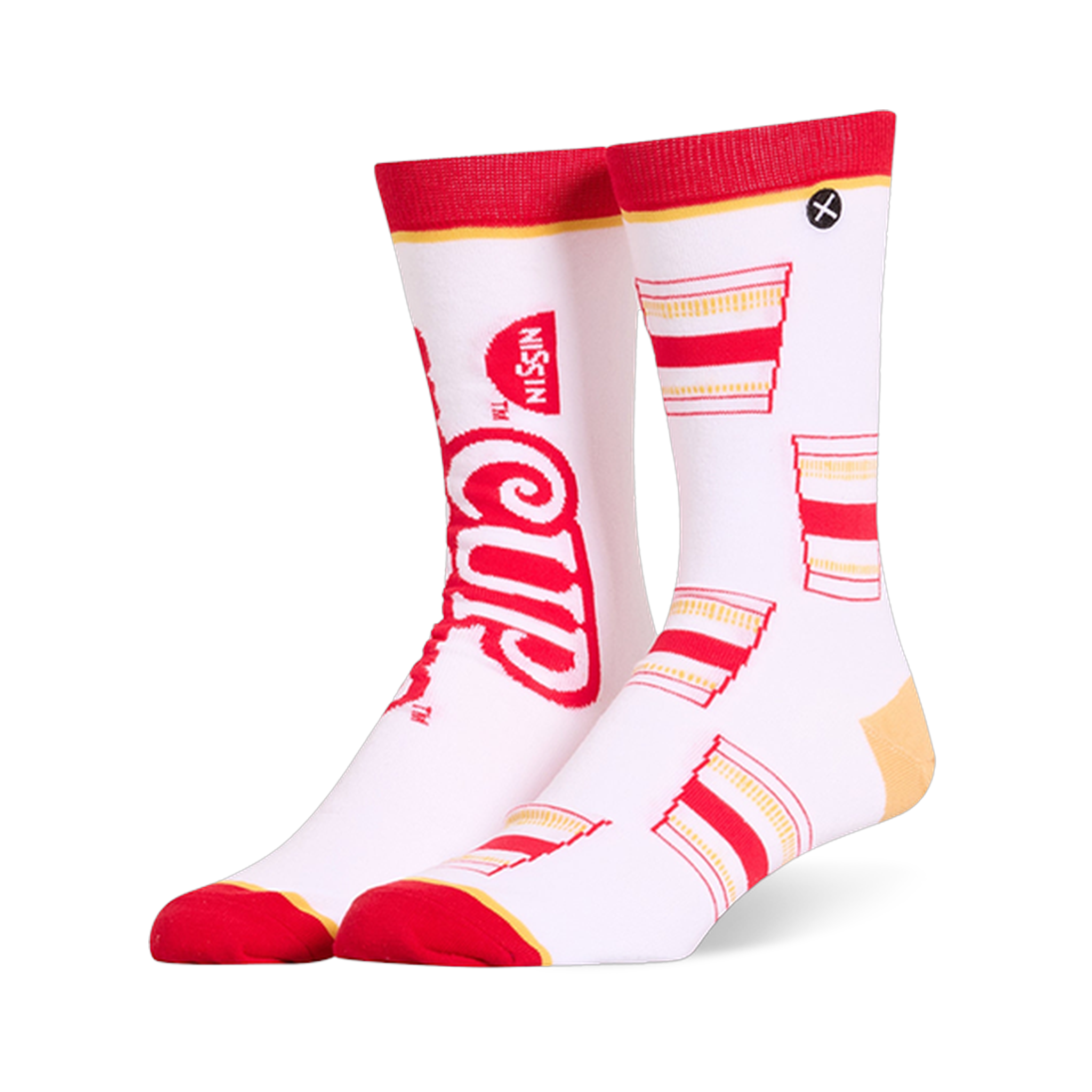 White crew socks featuring a mismatched design with a large red Cup Noodles logo on one and a pattern of cups on the other.
