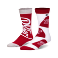 Pair of crew socks; one red with Dr Pepper logo, the other white with red Dr Pepper bottle cap designs.