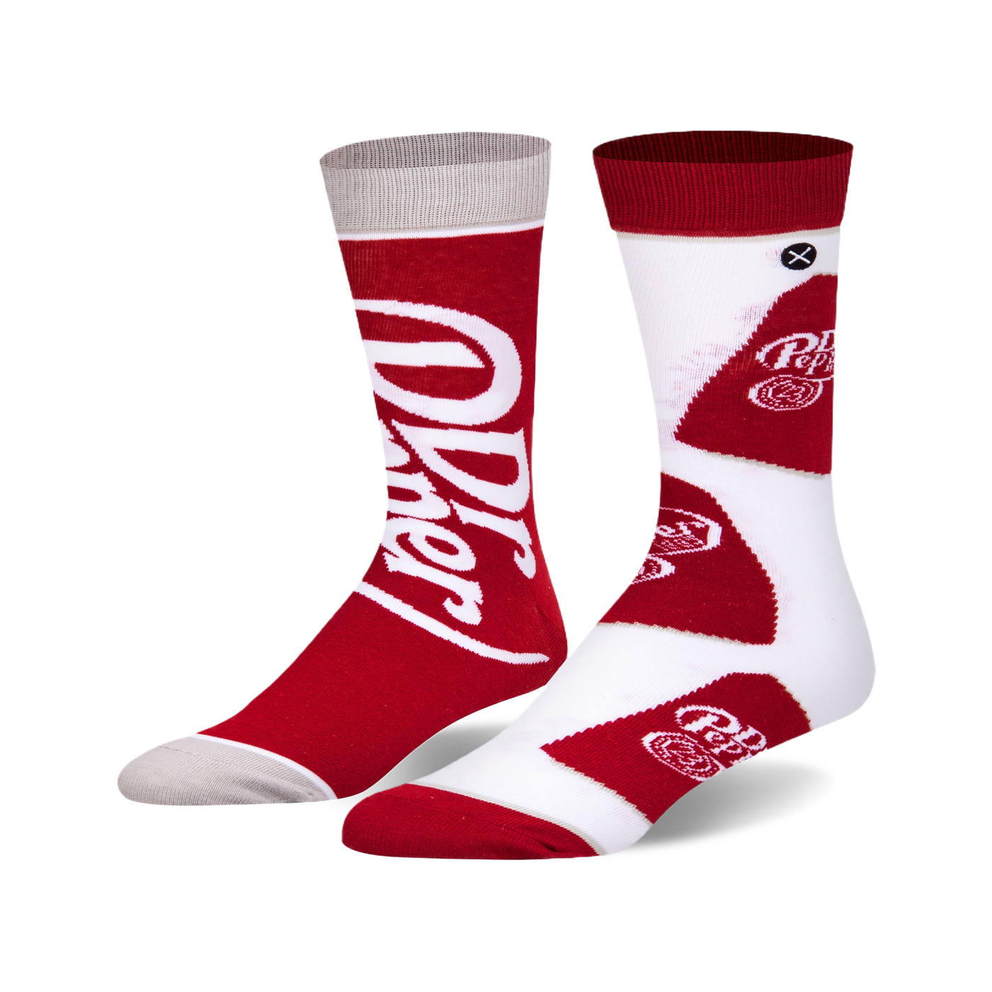 Pair of crew socks; one red with Dr Pepper logo, the other white with red Dr Pepper bottle cap designs.