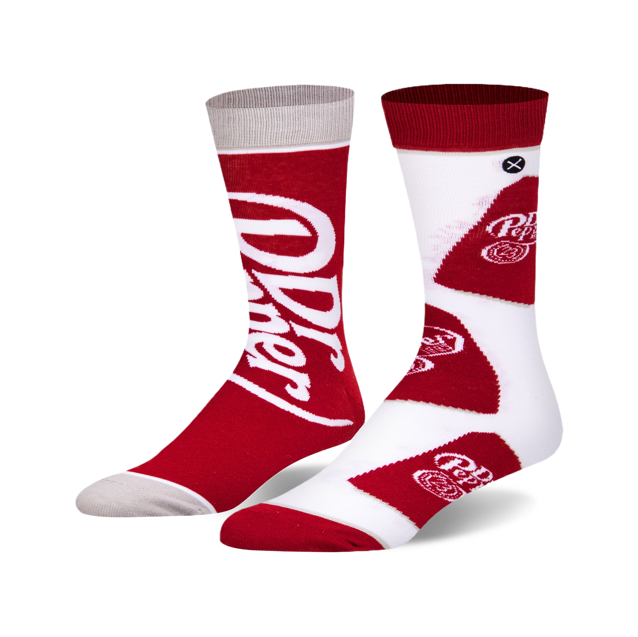 Pair of crew socks; one red with Dr Pepper logo, the other white with red Dr Pepper bottle cap designs.