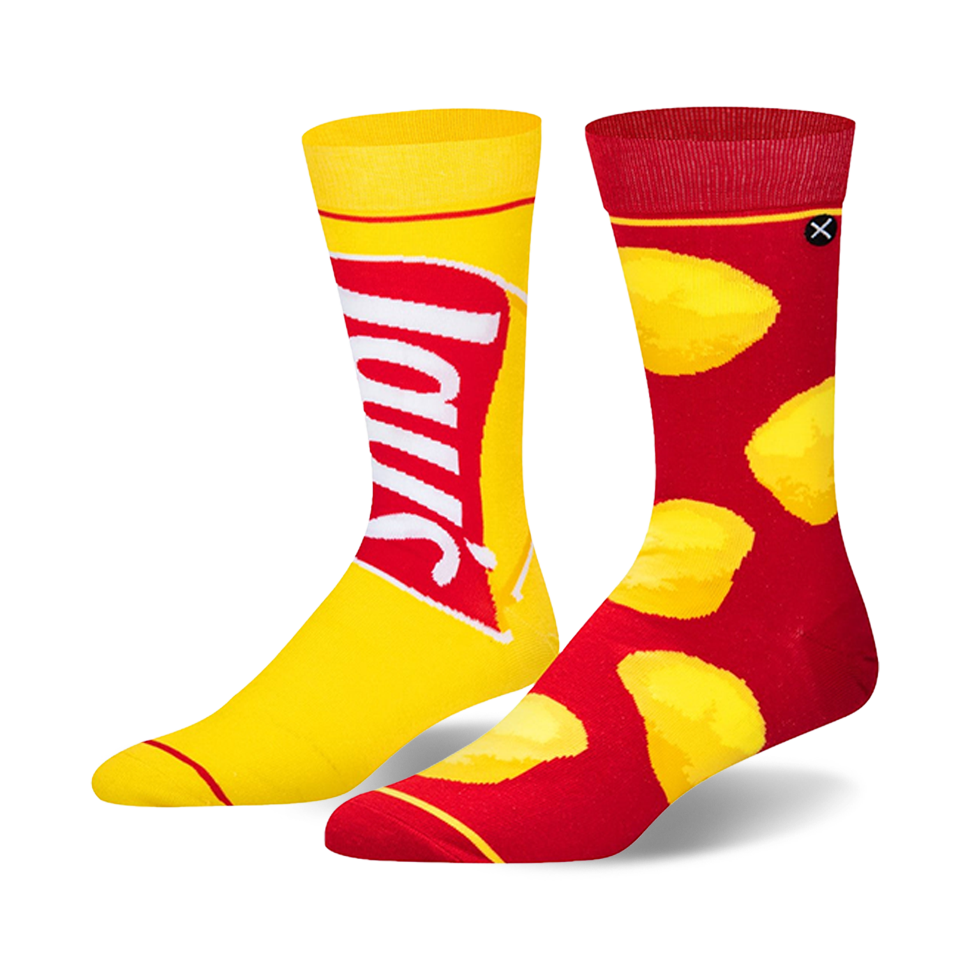 Pair of crew socks. One yellow sock displays the Lay's potato chip bag logo. The other red sock is adorned with yellow potato chip designs.