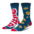 Mismatched teal crew socks. One shows a large red Ruffles logo, the other features a pattern of ridged potato chips.