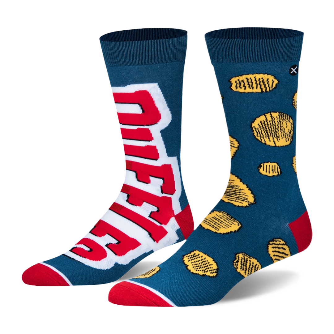 Mismatched teal crew socks. One shows a large red Ruffles logo, the other features a pattern of ridged potato chips.