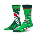 A pair of crew socks in green and white, featuring a repeating 7 Up logo design and green polka dots. 