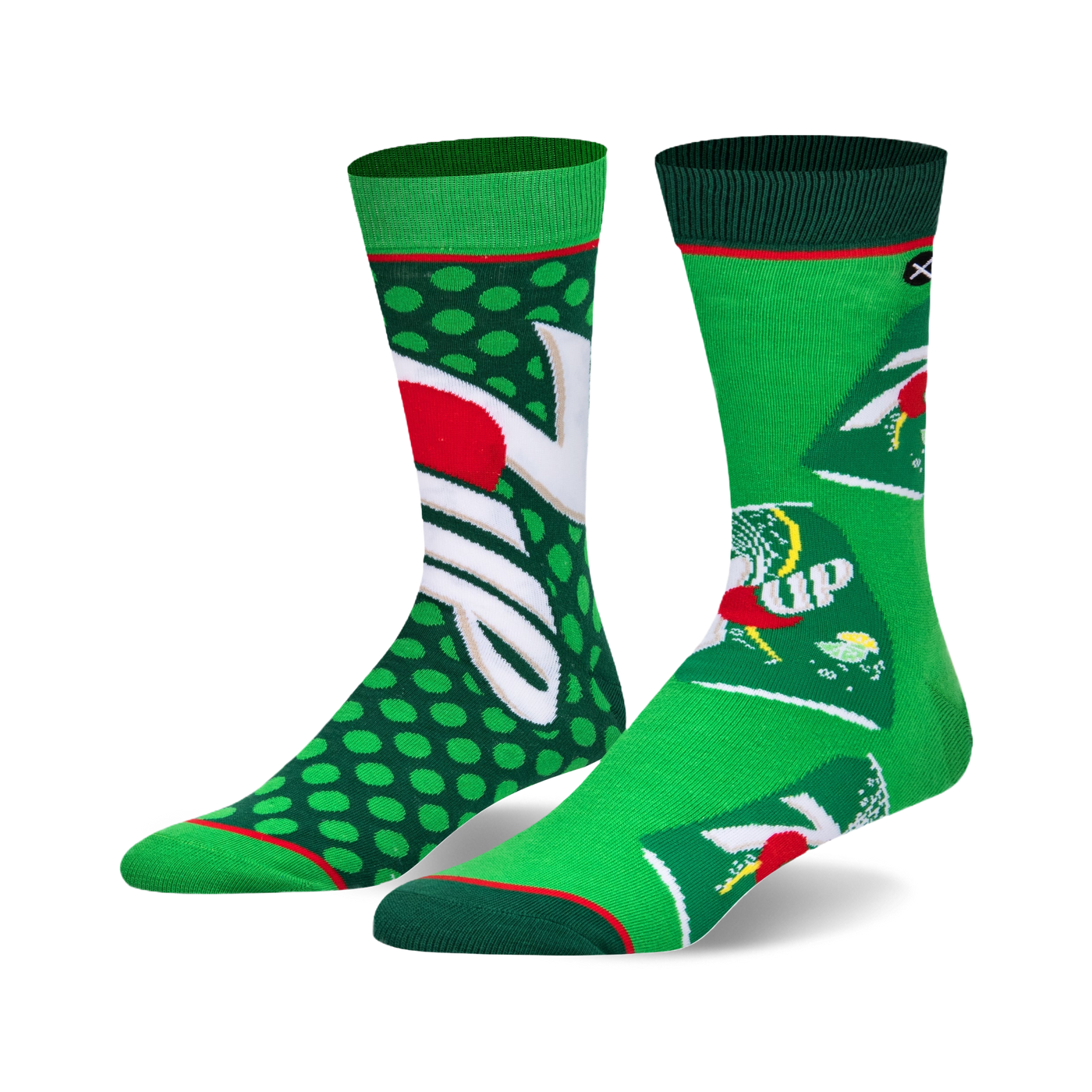 A pair of crew socks in green and white, featuring a repeating 7 Up logo design and green polka dots. 