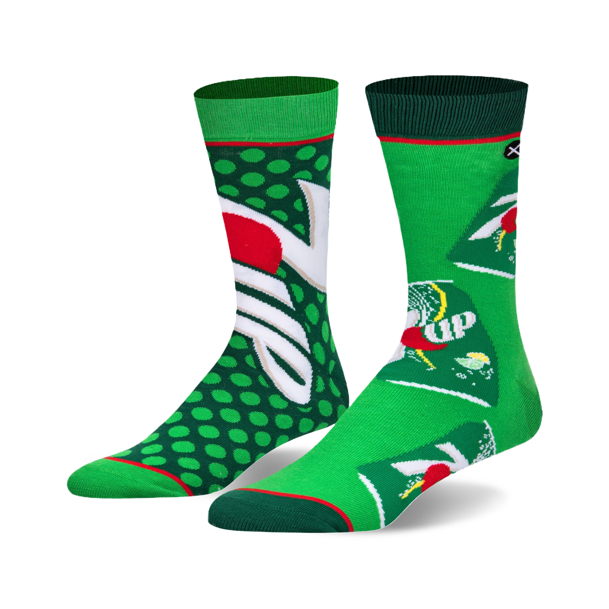 A pair of crew socks in green and white, featuring a repeating 7 Up logo design and green polka dots. 
