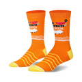 A pair of orange crew socks with a Top Ramen Chicken design.  Yellow stripes accent the orange background, and a small chicken graphic is featured.