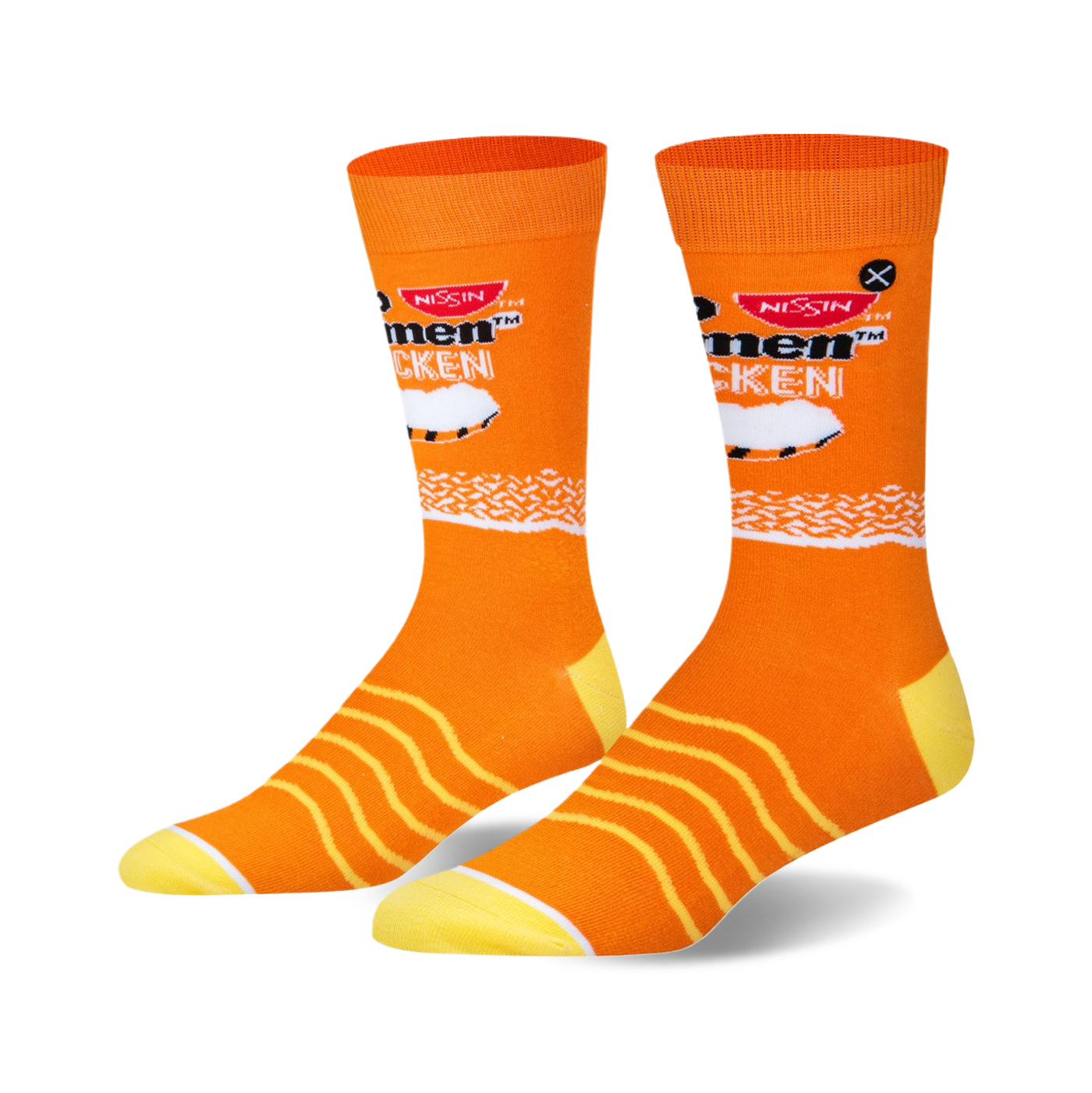 A pair of orange crew socks with a Top Ramen Chicken design.  Yellow stripes accent the orange background, and a small chicken graphic is featured.