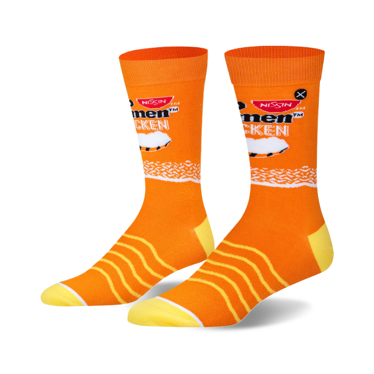 A pair of orange crew socks with a Top Ramen Chicken design.  Yellow stripes accent the orange background, and a small chicken graphic is featured.