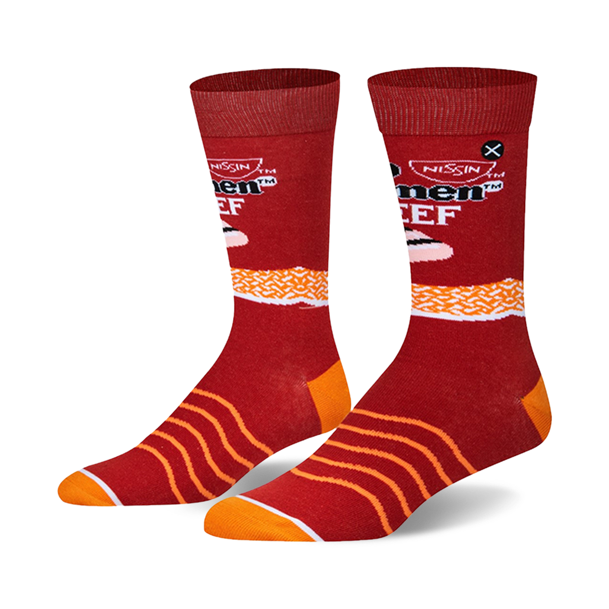 A pair of crew socks in red and orange. The socks feature a Top Ramen Beef design with noodle details and the brand logo.
