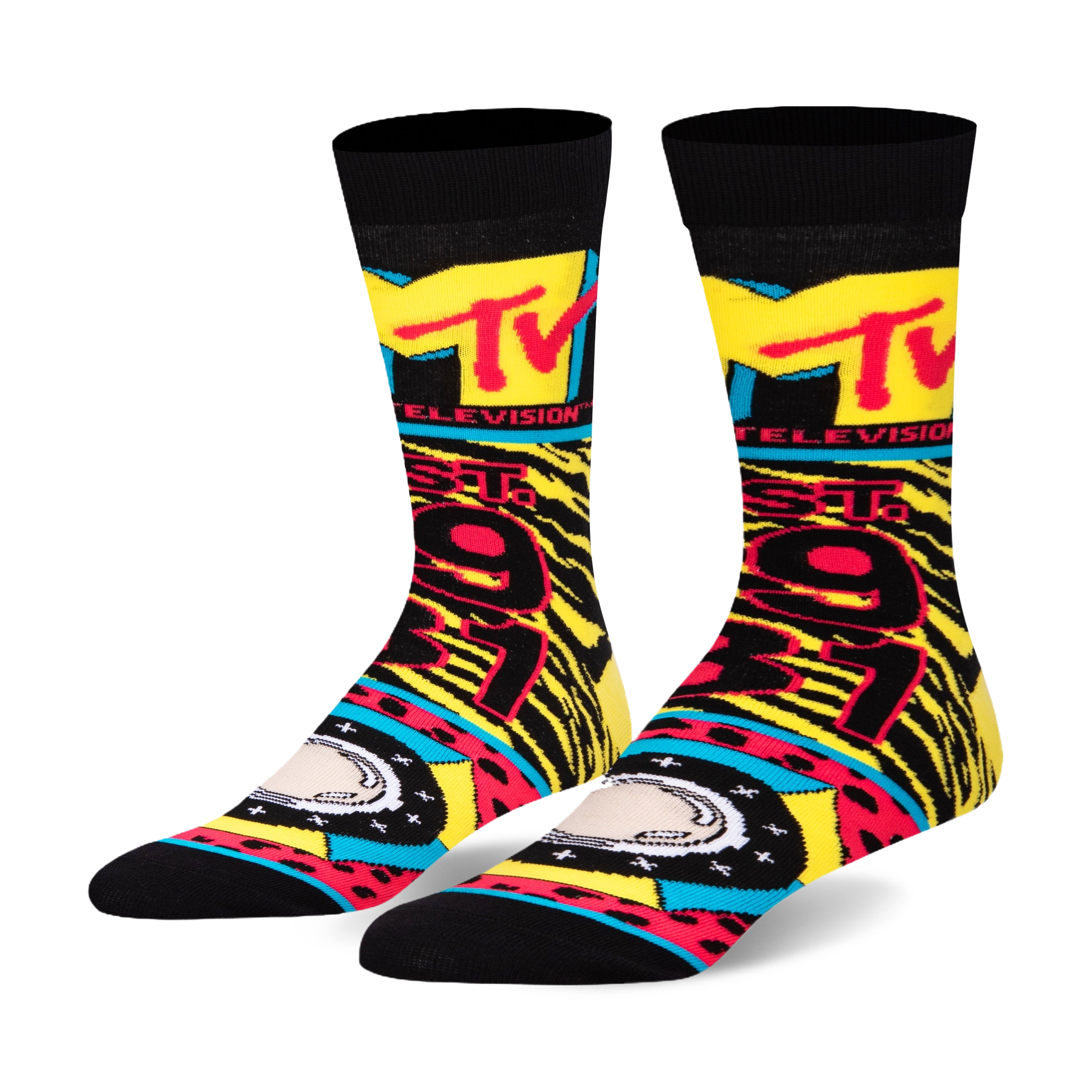 A pair of black crew socks with a vibrant 90s-inspired design.  The socks feature the MTV logo, tiger stripes, and bright yellow, red, and teal accents.
