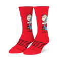 Bright red crew socks featuring Linus holding his blue blanket, four black stripes across the foot, and COOL printed on toe.