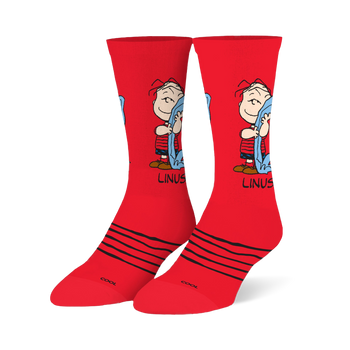 Bright red crew socks featuring Linus holding his blue blanket, four black stripes across the foot, and COOL printed on toe.
