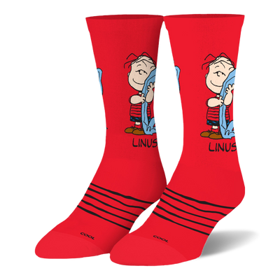 Bright red crew socks featuring Linus holding his blue blanket, four black stripes across the foot, and COOL printed on toe.