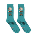 Flat lay of two teal socks showing the Peanuts logo printed on the sole and black scribble designs wrapping around the foot.