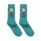 Flat lay of two teal socks showing the Peanuts logo printed on the sole and black scribble designs wrapping around the foot.