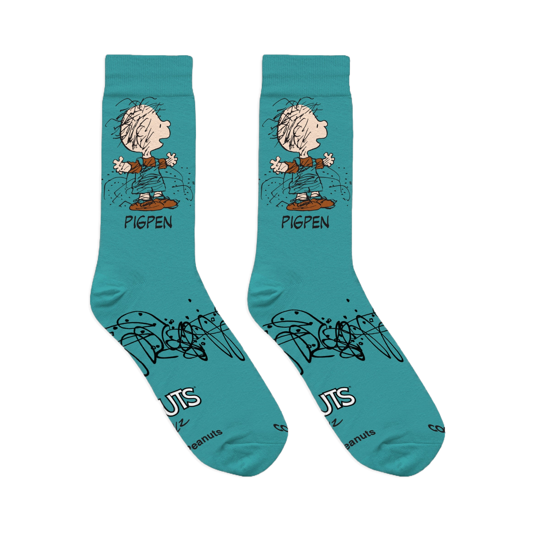 Flat lay of two teal socks showing the Peanuts logo printed on the sole and black scribble designs wrapping around the foot.