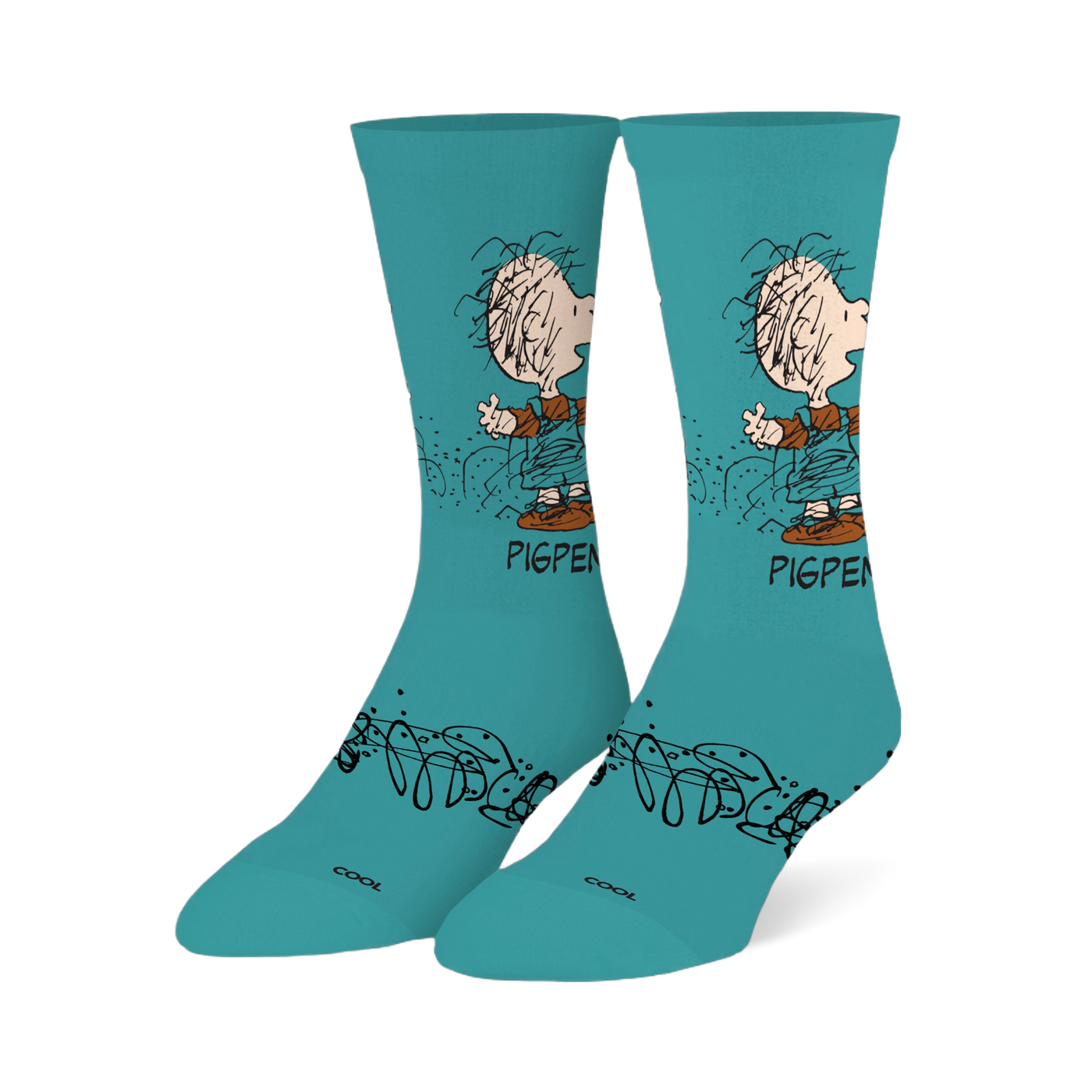 Teal crew socks featuring Peanuts character Pigpen in overalls with his dust cloud and black scribble designs on the foot.