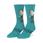 Teal crew socks featuring Peanuts character Pigpen in overalls with his dust cloud and black scribble designs on the foot.