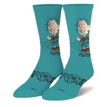 Teal crew socks featuring Peanuts character Pigpen in overalls with his dust cloud and black scribble designs on the foot.