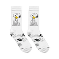 Flat lay of white crew socks showing Snoopy hugging Woodstock, paired with paw prints, swirls, and Peanuts copyright text.