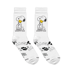 Flat lay of white crew socks showing Snoopy hugging Woodstock, paired with paw prints, swirls, and Peanuts copyright text.