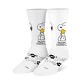 White crew socks showing Snoopy hugging a yellow Woodstock, with black paw prints and swirling line patterns on the foot.