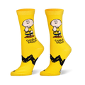 Yellow crew socks showing Charlie Brown thinking, his name in text, and his classic thick black zigzag stripe pattern.