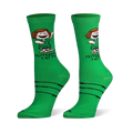 Bright green crew socks showing Peanuts character Peppermint Patty, her printed name, and black sketchy lines on the foot.