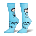 Light blue crew socks featuring the cartoon character Lucy standing with hands on hips and parts of her Doctor is In sign.