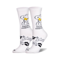 Pair of white crew socks. Snoopy and Woodstock are featured in black and yellow, along with paw prints and stars.
