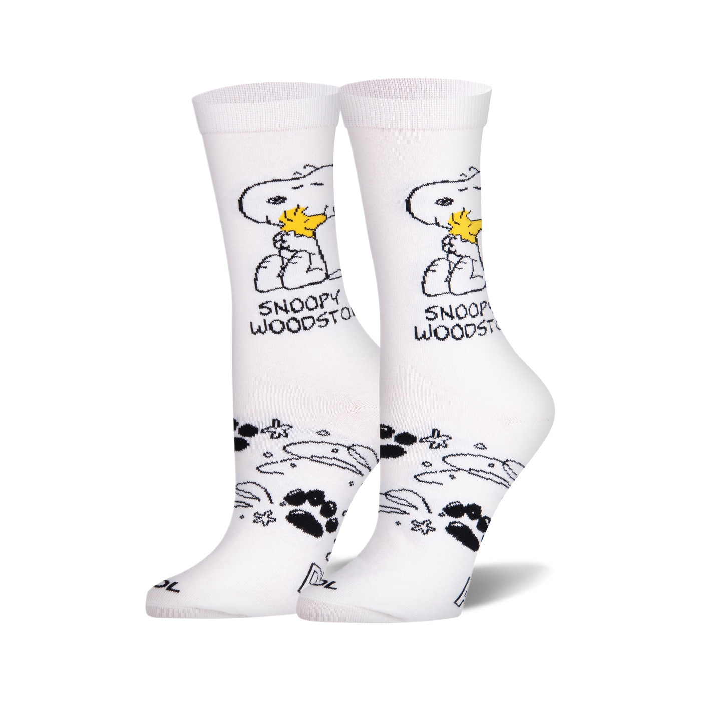 Pair of white crew socks. Snoopy and Woodstock are featured in black and yellow, along with paw prints and stars.