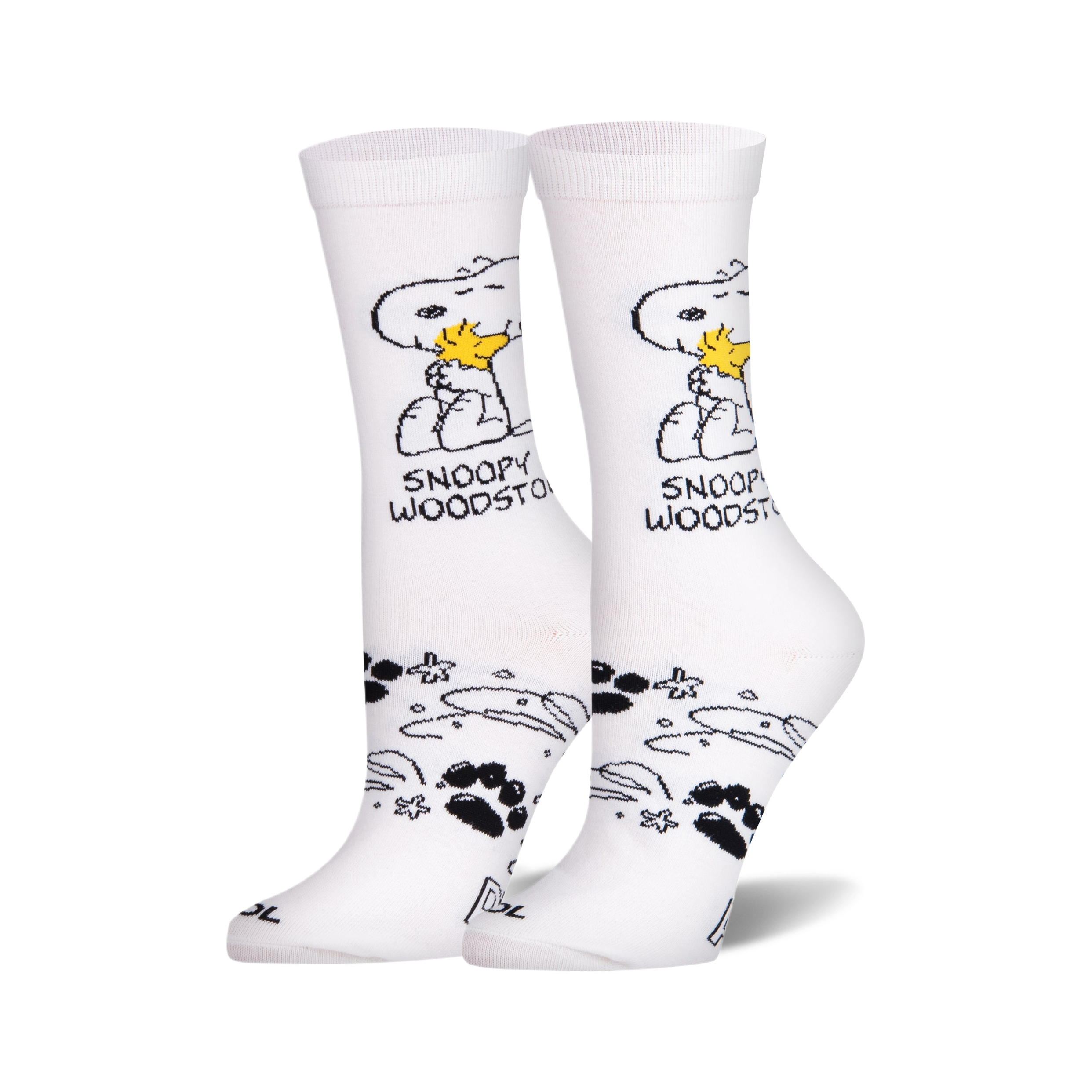 Pair of white crew socks. Snoopy and Woodstock are featured in black and yellow, along with paw prints and stars.